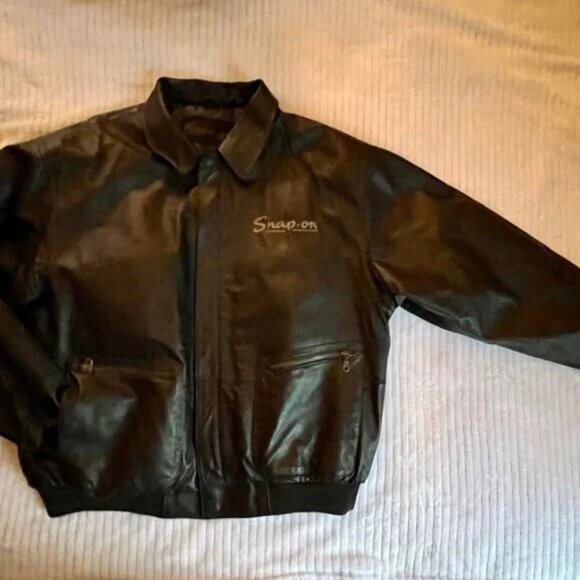 Men's Size Large Retro Snap On Full Zip Dk Brown Leather Bomber Jacket #8640091 - Picture 1 of 11